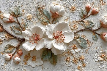Decorative white floral relief with perched bird high resolution picture