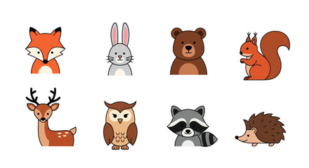 Fototapeta premium Cartoon forest animals illustration fox rabbit bear squirrel deer owl raccoon hedgehog