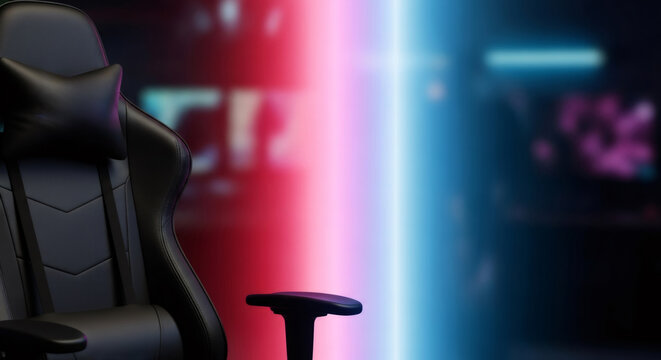 Close up of a gaming chair with a dark background and red and blue neon lights. Esports technology concept for player tournament.
