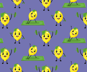  Cartoon cute pattern with  lemon character doing sport exercises. Wallpaper, Background