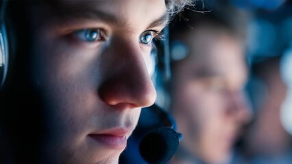 Close up portrait of a determined gamer in a headset, immersed in a competitive esports environment. The image captures focus, intensity, and the digital age of gaming culture