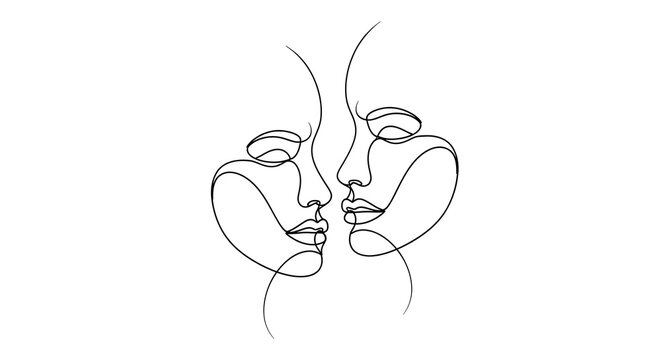 Minimalist line art illustration of two abstract human faces facing each other with delicate, flowing lines on a white background