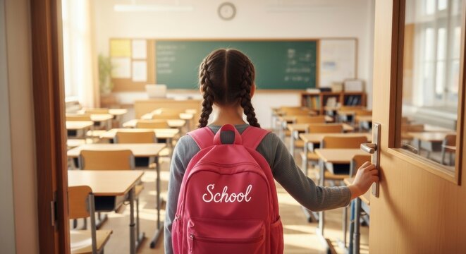 Classroom Entrance: A young girl, with braided hair and a school backpack, steps into a bright classroom, inviting viewers to imagine the excitement of learning and the day's potential.