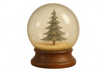 Vintage snow globe with christmas tree, holiday season souvenir, festive winter decoration on transparent background