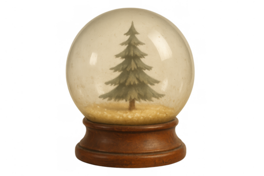 Vintage snow globe with christmas tree, holiday season souvenir, festive winter decoration on transparent background