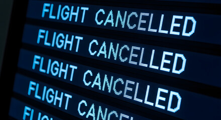 Travel disruption concept with cancelled flights board