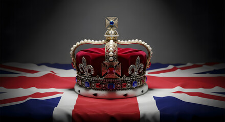 A Jeweled Crown Resting on a Union Jack Flag