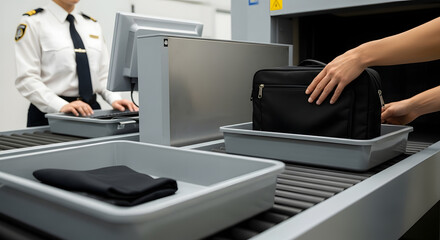 Traveler placing laptop bag on security conveyor belt