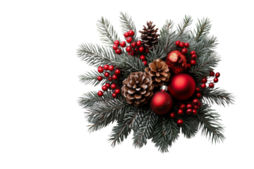 Christmas branch with red baubles pine cones and berries isolated on white