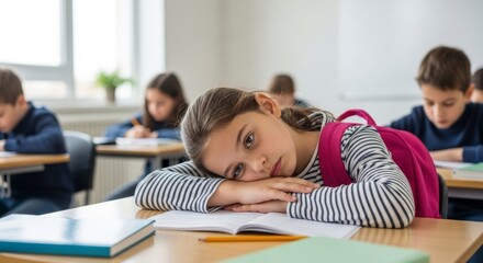 Weariness in Classroom: A young student, with a weary expression, rests her head on her desk amidst the vibrant atmosphere of the classroom. Capturing the feeling of a school day