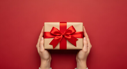 Hands holding a beautifully wrapped gift on red
