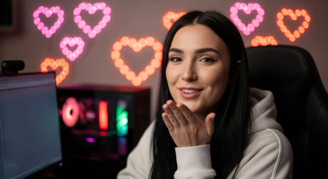 Woman gamer blowing a kiss to camera in a streaming setup with heart shaped lights. Concept of online gaming, e-sport, streamer. - Powered by Adobe
