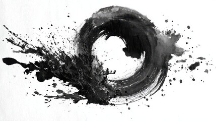 Abstract black ink splash with brush strokes and paint stains, isolated on white background, Japanese-style grunge effect, clean edges, perfect PNG for artistic and design projects