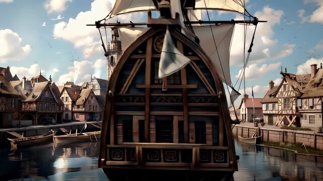 A detailed, highresolution digital artwork of a Europeanstyle harbor scene. The main subject is a large, intricately designed sailing ship with white sails.