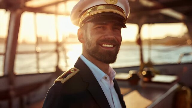 A closeup of a man in a captains uniform, standing on a ship deck during sunset. He is wearing a navy blue suit with gold epaulettes and a white shirt.