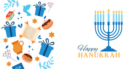 Happy Hanukkah Greeting Card Illustration with Menorah, Dreidels, Torah Scroll, and Festive Jewish Holiday Symbols