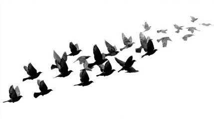 Black silhouette of a flock of birds in flight, backlit effect, isolated on a white background, detailed PNG design for overlays and nature-themed compositions