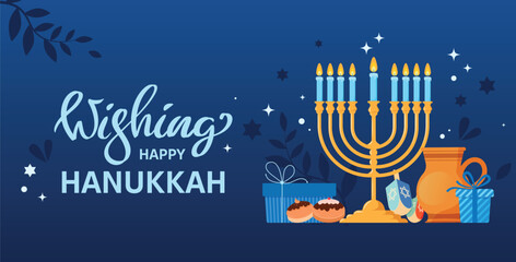Happy Hanukkah Greeting Card Illustration with Menorah, Dreidels, Torah Scroll, and Festive Jewish Holiday Symbols