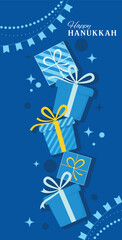 Happy Hanukkah Greeting Card with Gift Boxes and Festive Typography. Perfect for greeting cards, posters, banners, invitations, social media related to Jewish holidays and traditions.