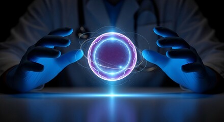 Doctors Hands Interacting with Glowing Futuristic Cell or Atom in Dark Lab.