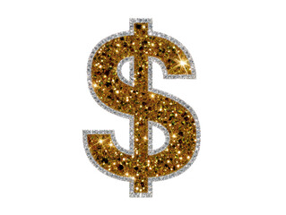 Glittering gold dollar sign with sparkling silver outline, symbolizing wealth, luxury, and financial success, isolated on transparent background for creative design projects