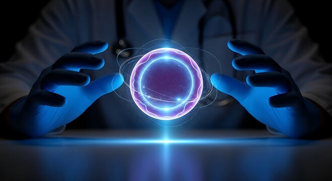 Doctors Hands Interacting with Glowing Futuristic Cell or Atom in Dark Lab.