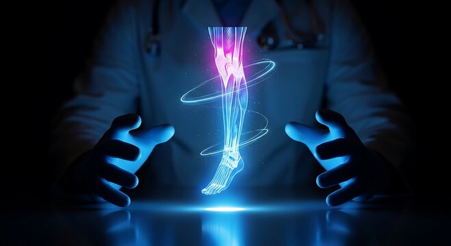 Doctors hands illuminate a glowing 3D render of a human leg and ankle bone structure, symbolizing advanced medical diagnostics and orthopedic care.
