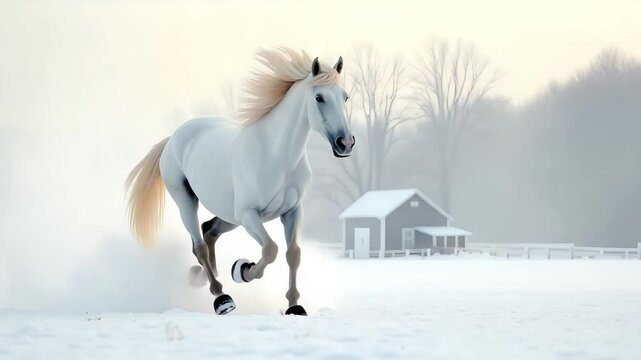 White Horse Trotting Through Snowy Field