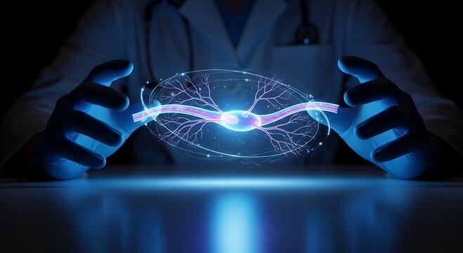 Doctor holding glowing neuron in hands, representing neurological research and brain health.