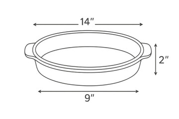 Casserole dish line art drawing presenting cooking equipment, kitchenware, and bakeware with accurate labels and dimensions. Transparent background