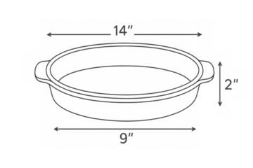 Casserole dish line art drawing presenting cooking equipment, kitchenware, and bakeware with accurate labels and dimensions. Transparent background