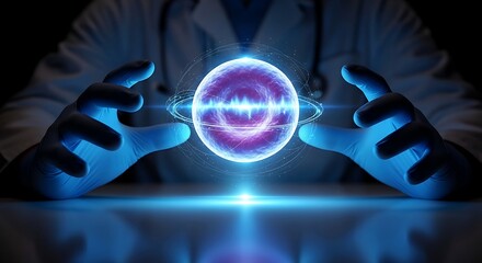 Futuristic scientist holding glowing orb with energy rings in laboratory.