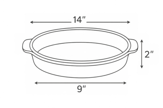 Casserole dish line art drawing presenting cooking equipment, kitchenware, and bakeware with accurate labels and dimensions. Transparent background