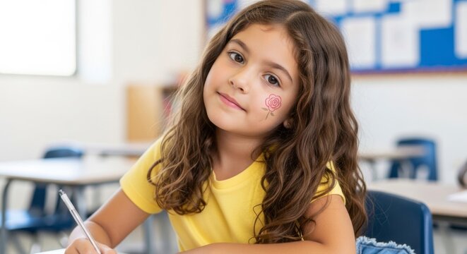 Schoolchild's Contemplation: A young student, with a sprinkle of joy painted on her face, sits at a desk in a classroom, engaged in thought and study. The image speaks of learning and contemplation.