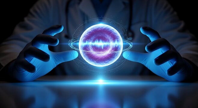 Futuristic scientist holding glowing orb with energy rings in laboratory. - Powered by Adobe