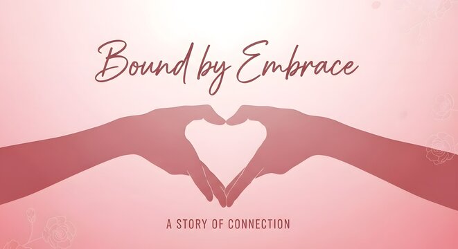 Two hands forming a heart shape against a soft pink background with the text 'Bound by Embrace' and 'A Story of Connection' emphasizing love and unity