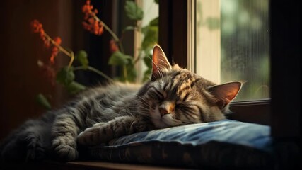 Sleeping tabby cat resting on a blue cushion by a sunlit window with green houseplant - Powered by Adobe