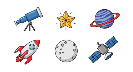Astronomy and space icons set telescope rocket planet moon satellite star © Kalimasada