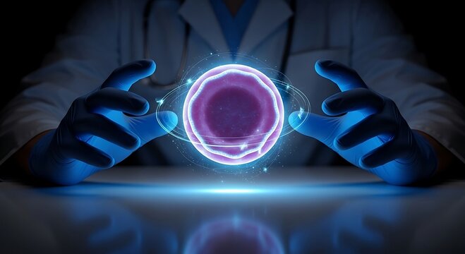 Futuristic Scientist Holding Glowing Cell - Innovation and Scientific Discovery.