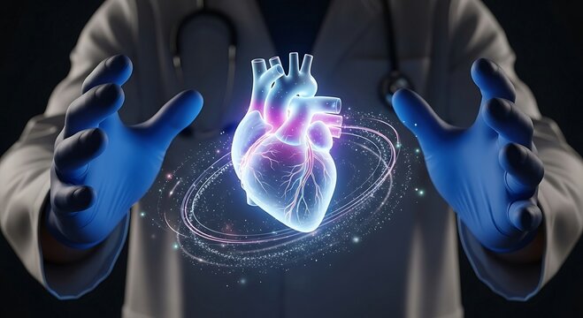 Doctor holding holographic heart with advanced medical technology.