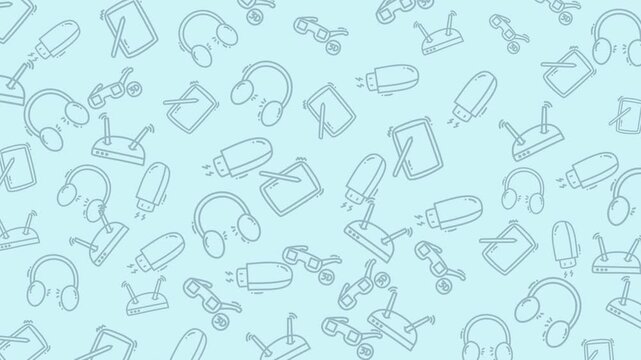 Light blue background with a seamless repeating pattern of technology gadget line icons. - Powered by Adobe