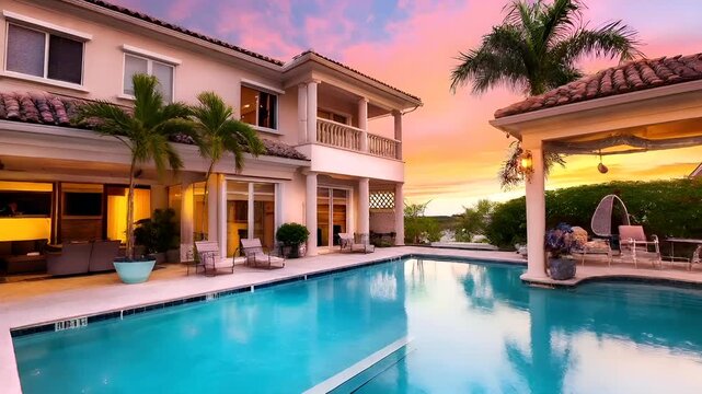 Aerial view of a luxurious residential property during sunset, with a swimming pool in the foreground. The sky is painted in hues of pink, purple, and orange.