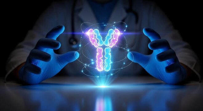 Doctor Holding Holographic Antibody - Modern Medical Innovation and Research. - Powered by Adobe