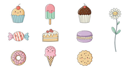 Cartoon desserts and sweets collection with smiling faces isolated
