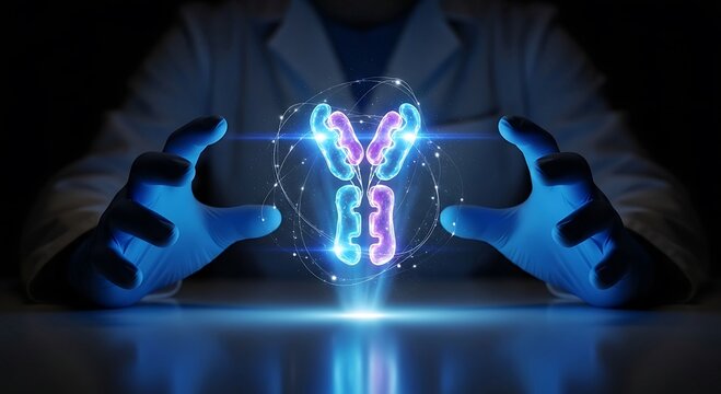 Scientist holding glowing antibody molecule, representing immunology and medical research.