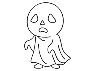 Obraz premium Black outline of ghost character with a spooky face isolated on white background. concept of halloween, costume, ghost story, spooky decor, cartoon icon, design element