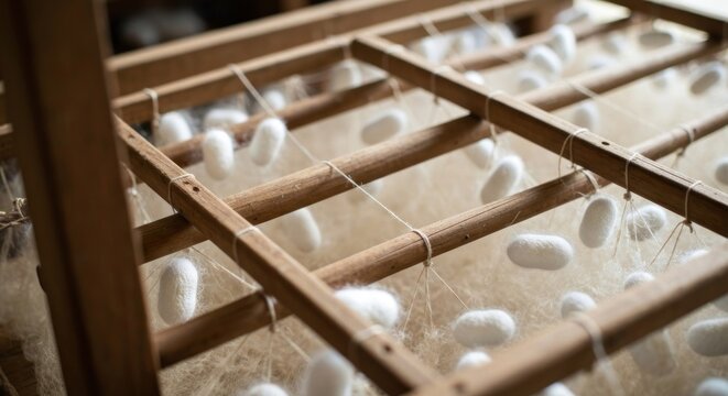 Close-up of a wooden frame holding numerous white silkworm cocoons and silk threads
