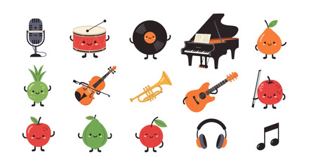 Cartoon musical instruments and fruits characters illustration on white background
