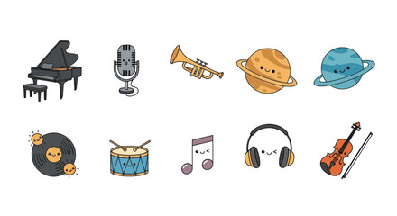 Cartoon musical instruments and planets in colorful illustration style