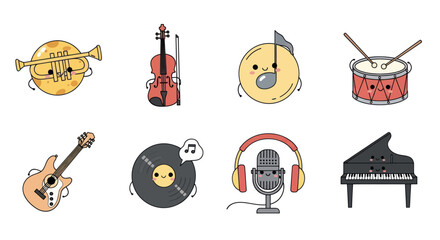 Cartoon musical instruments collection trumpet violin drum piano and more